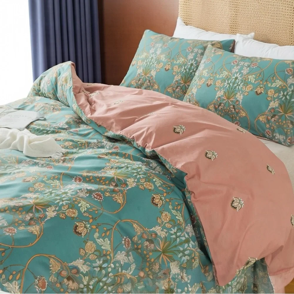 NEW Anthro Teal Reversible Floral Queen / King Boho Duvet Bedding & Sham Set
